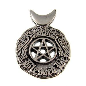 Solid 925 Sterling Silver Blessed Be the Star Crescent Moon Pentacle Pendant